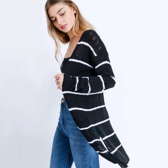 NEW! Black White Striped Cardigan Side Slit - Picture 3 of 7